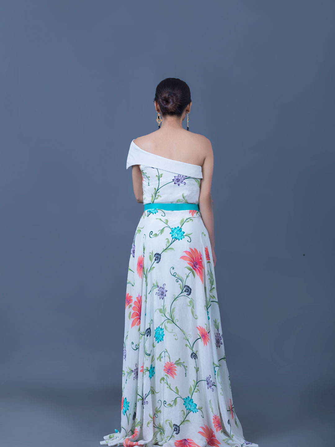 WHITE ANEMONE PRINTED ONE SHOULDER UMBRELLA DRESS