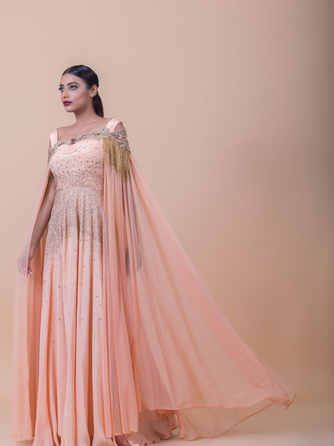 PEACH EMBROIDERED SUNRISE DRESS WITH CAPE DRAPE