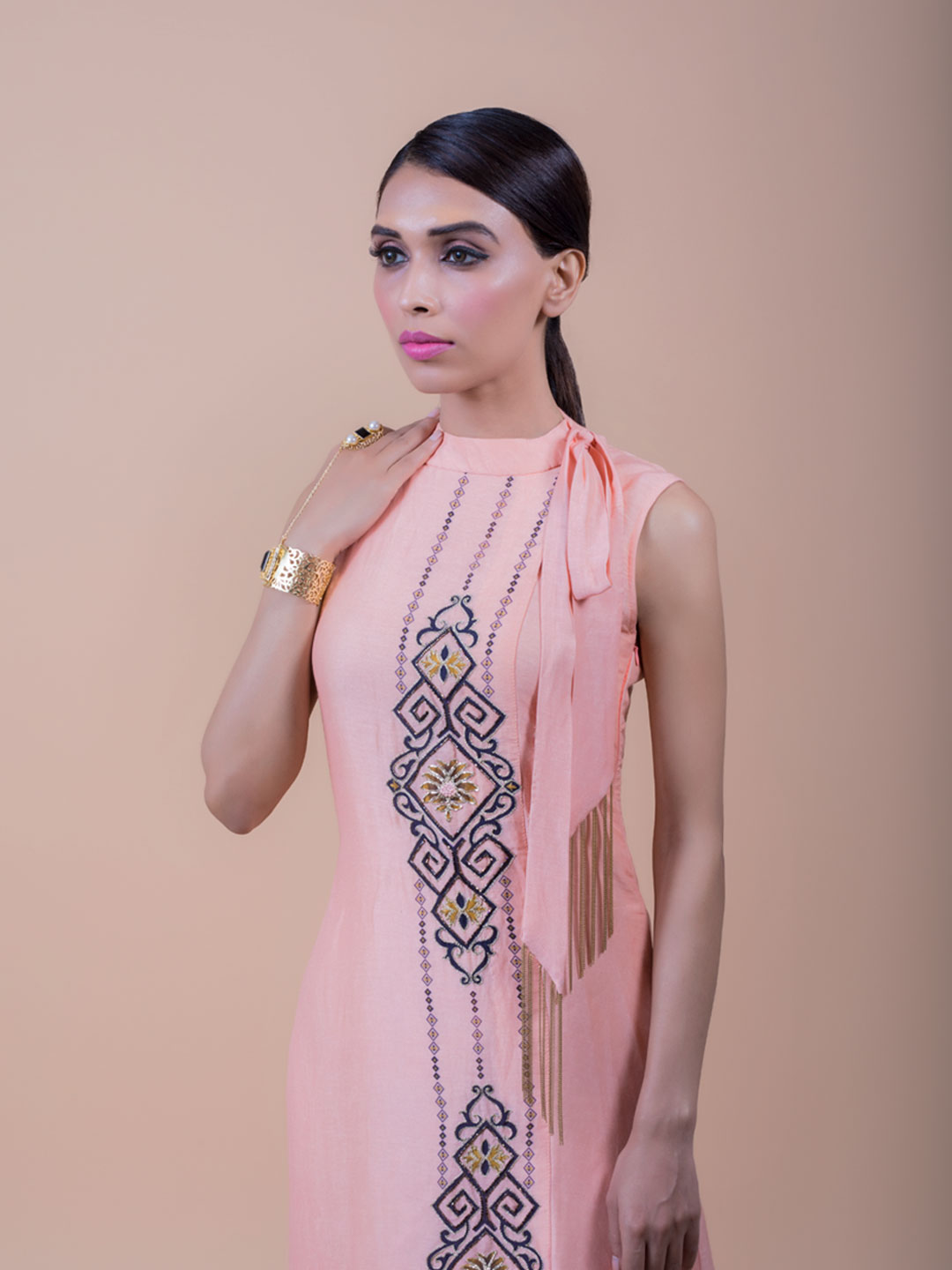 PEACH ANEMON ABSTRACT PRINTED OVERLAP DRESS