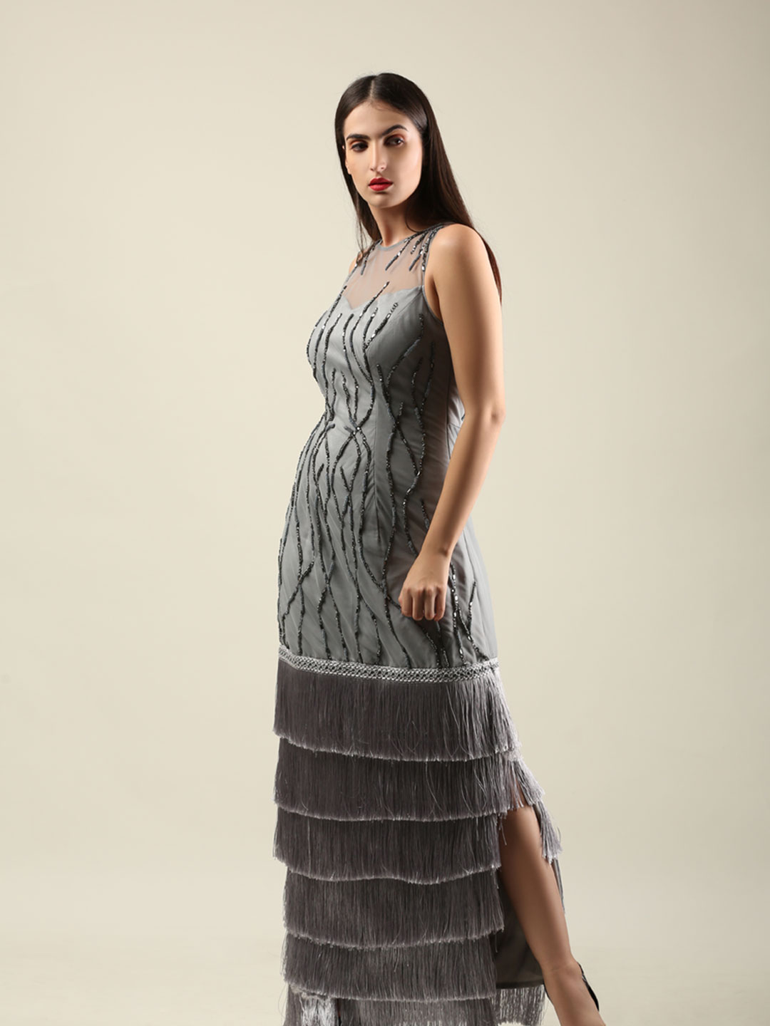 GREY FITTED FRINGE LAYERED DRESS