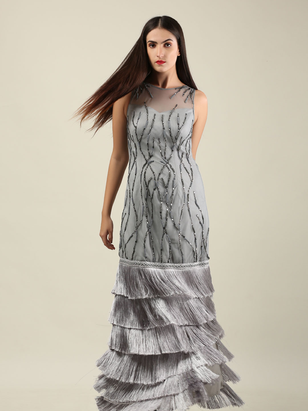 GREY FITTED FRINGE LAYERED DRESS