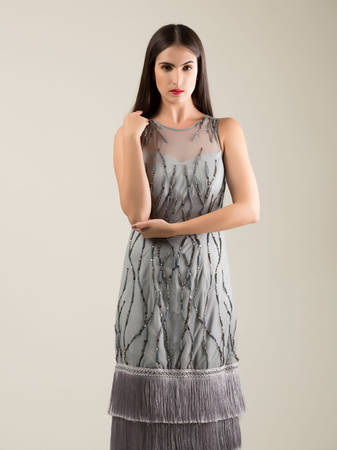 GREY FITTED FRINGE LAYERED DRESS