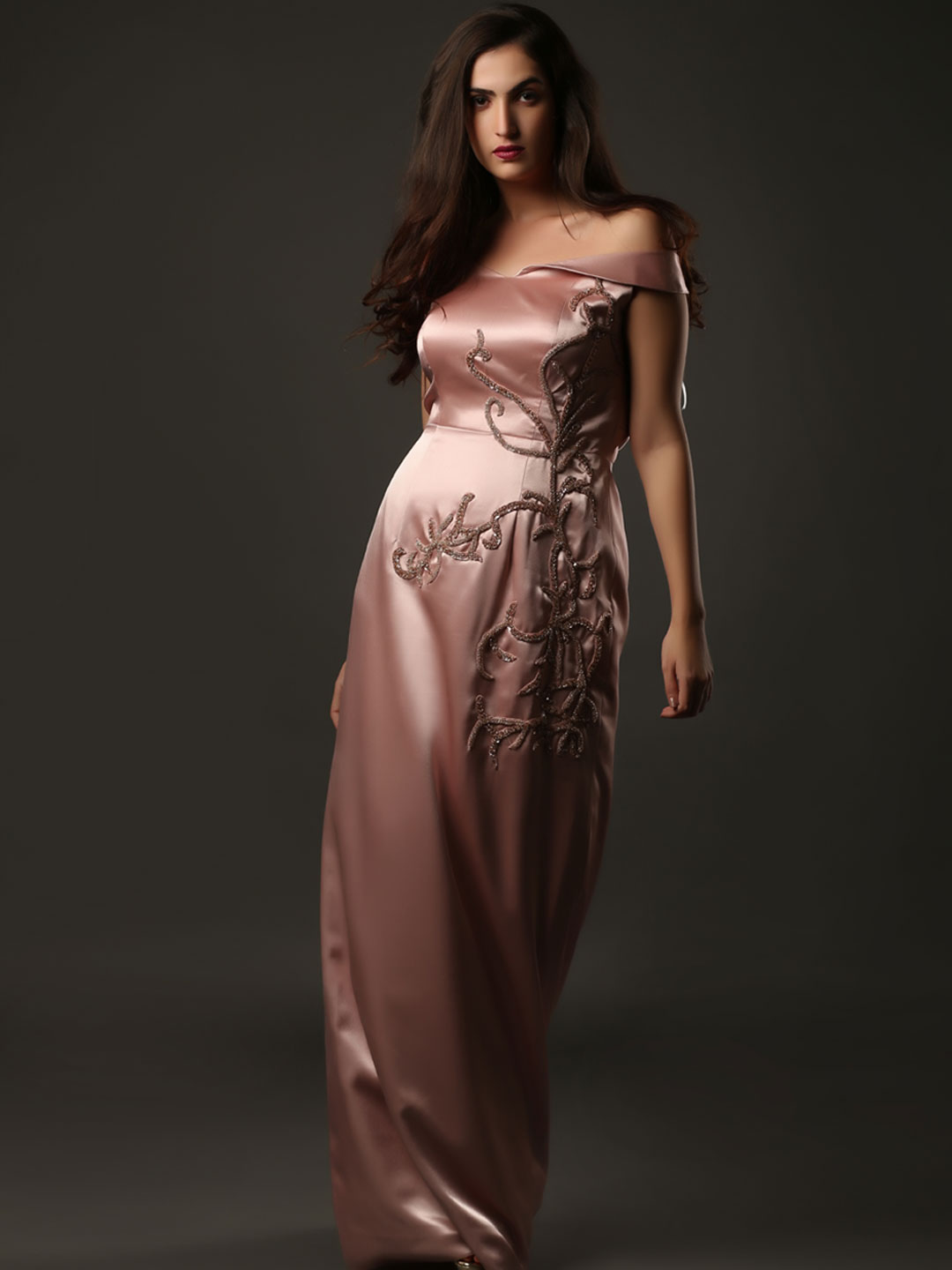 SIMMER SATIN OFF SHOULDER SIDE SLIT STREIGHT DRESS