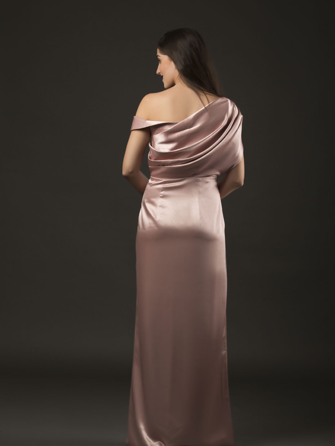 SIMMER SATIN OFF SHOULDER SIDE SLIT STREIGHT DRESS