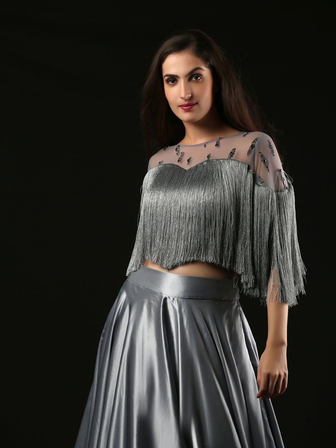 SIMMER SATIN UMBRELLA SKIRT WITH FRINGE CROP TOP