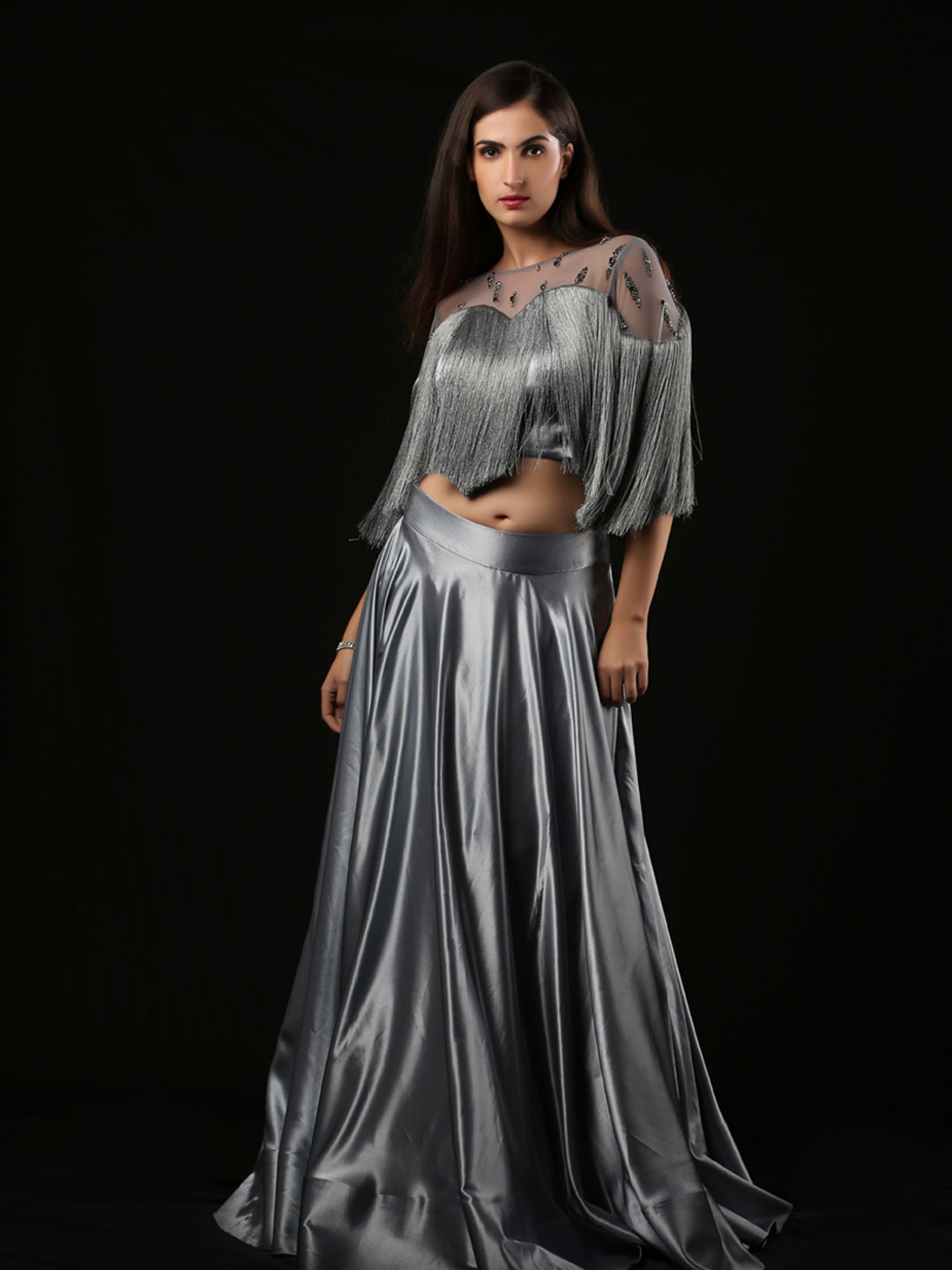 SIMMER SATIN UMBRELLA SKIRT WITH FRINGE CROP TOP