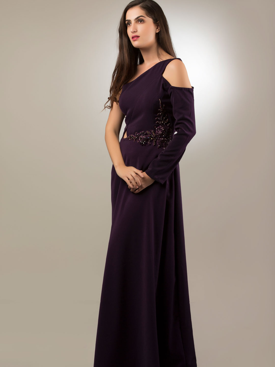 VOVO ONE SHOULDER SELF EMBROIDERED ALINE DRESS