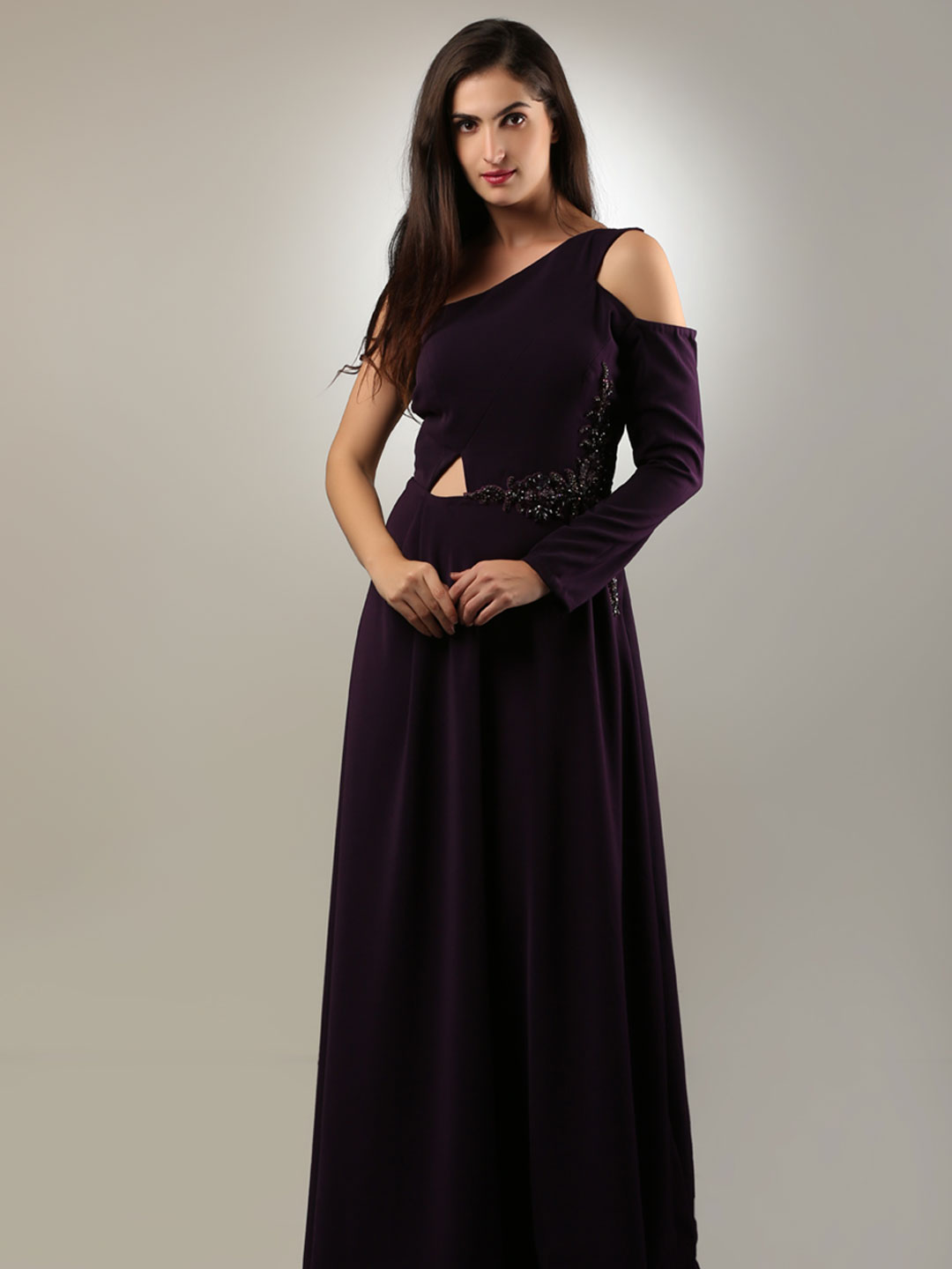 VOVO ONE SHOULDER SELF EMBROIDERED ALINE DRESS