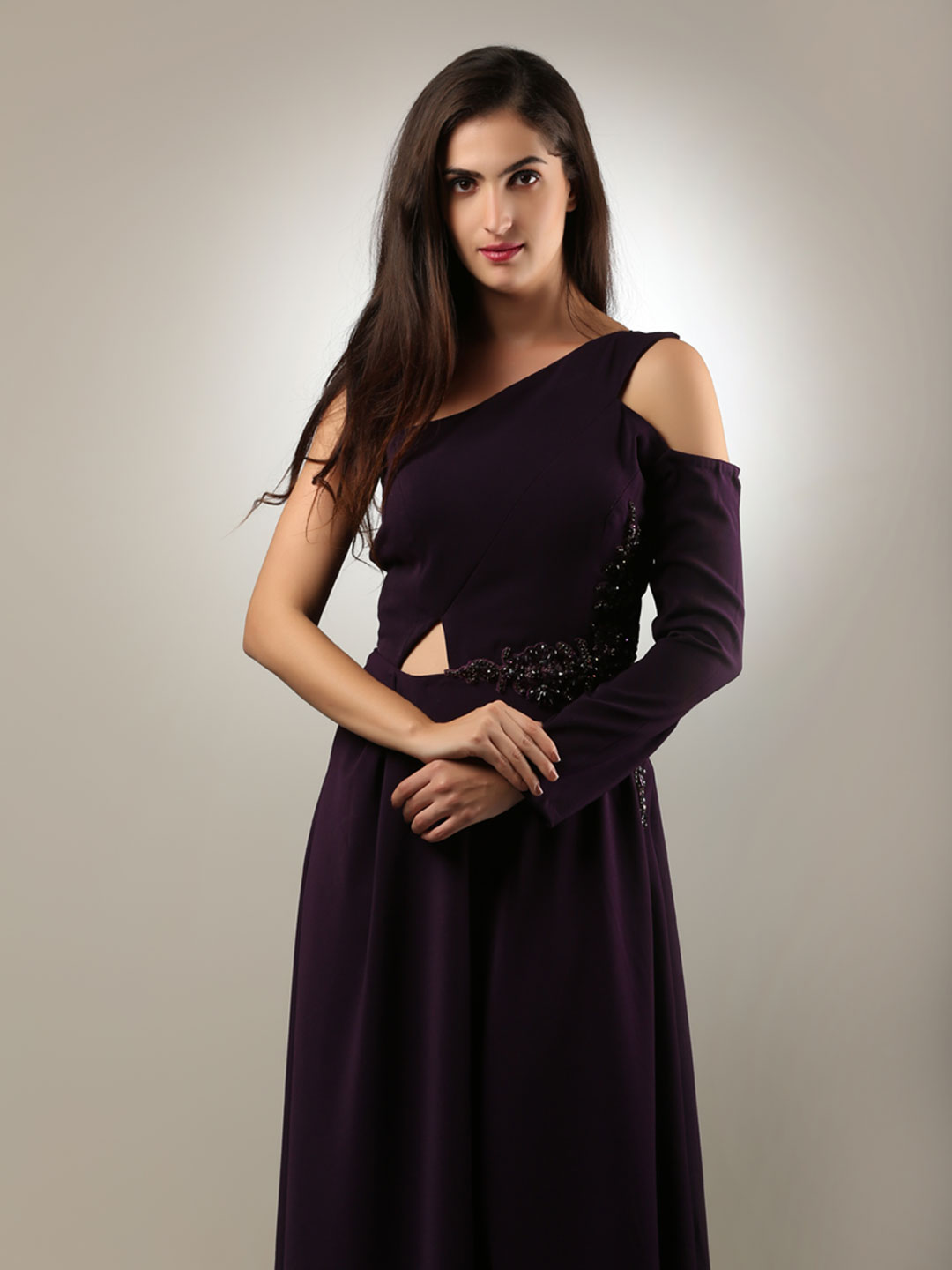 VOVO ONE SHOULDER SELF EMBROIDERED ALINE DRESS