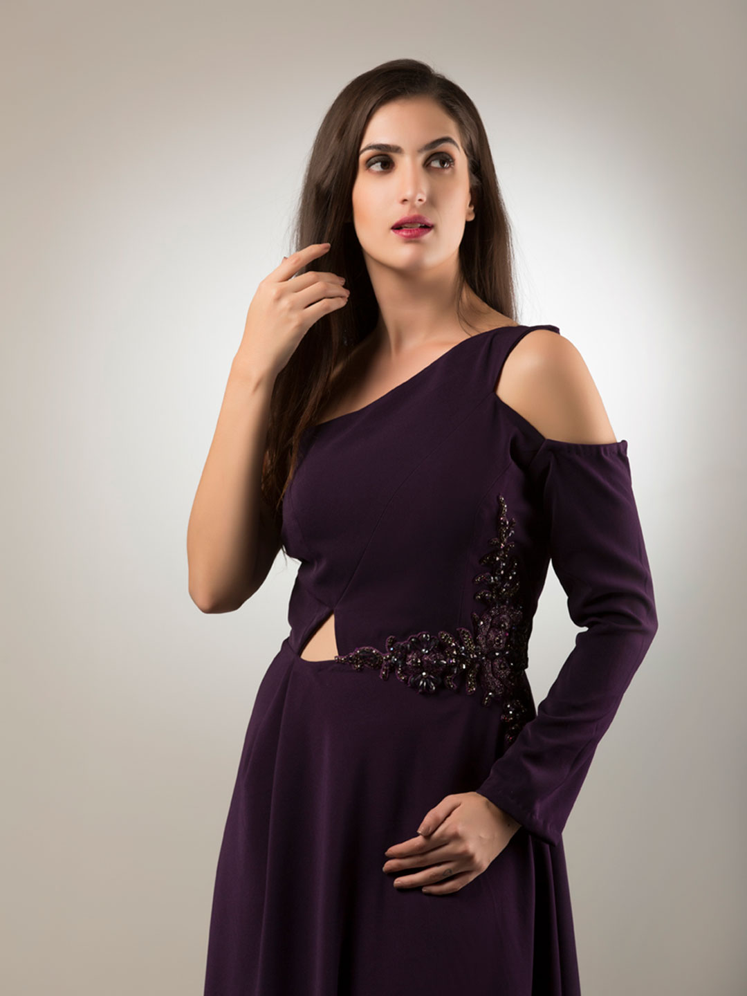 VOVO ONE SHOULDER SELF EMBROIDERED ALINE DRESS