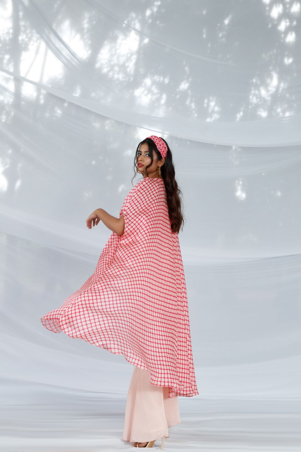  Peach  Pink Jhil Mil Print Cape