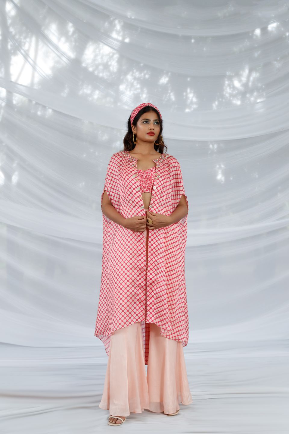  Peach  Pink Jhil Mil Print Cape