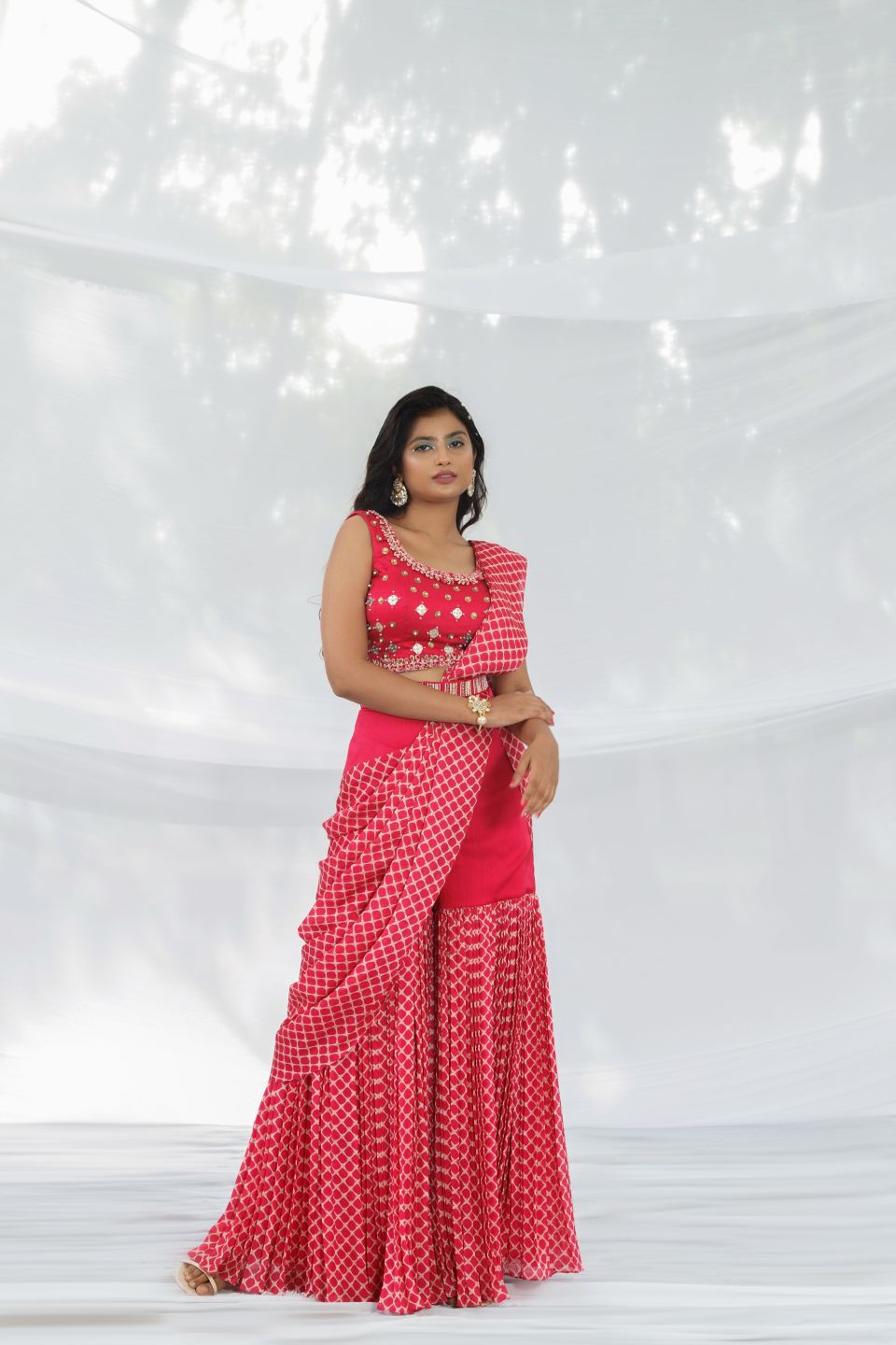 Fuscia Mil Print Sharara Saree